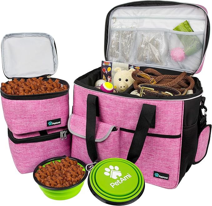 PetAmi Dog Travel Bag Organizer, Pet Travel Kit with 2 Food Containers & 2 Collapsible Dog Bowls, Pet Supplies Tote with Luggage Sleeve, Weekend Road Trip Camping Essentials, Pink, Large