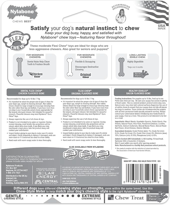 Nylabone Original Bone Flexi Chew Toy for Dogs, Dog Toys for Moderate Chewers, Dog Chew Bones, Chicken & Original Flavor, For X-Small Dogs - Up to 15 lbs, 3 Pack