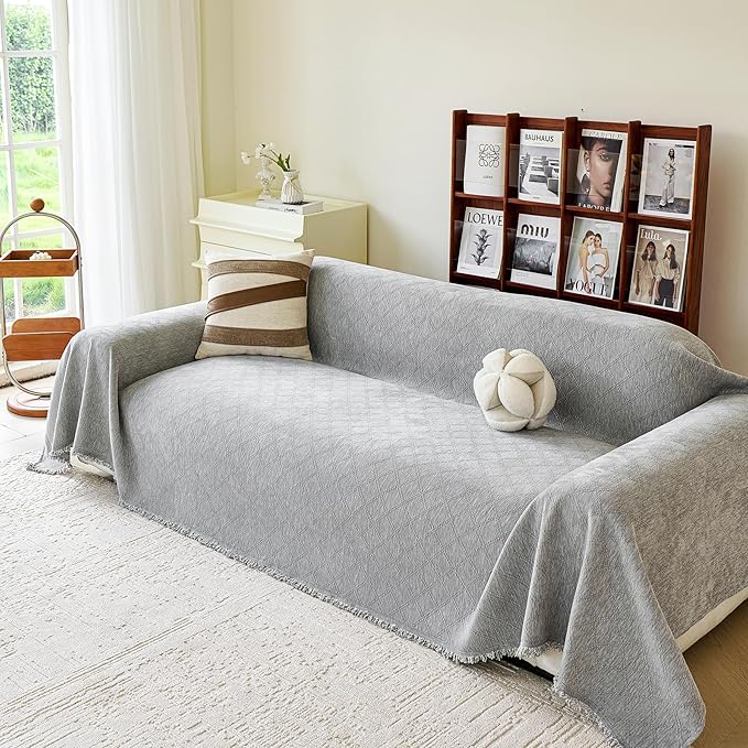 VANJOROY Grey Couch Sofa Cover for 3 Cushion Sectional Sofa L-Shape -Washable Chenille Couch Cover for Dogs Pets, Boho Couch Cover Protector Soft Sofa Slipcovers with Tassel,91"x 134"