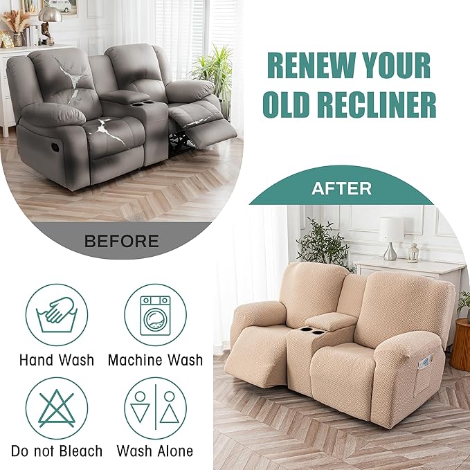 Genina Recliner Loveseat Covers with Console, Stretch Reclining Sofa Covers, 2 Seater Couch Cushion Stripe Jacquard Recliner Slipcovers - Furniture Protector Covers for Pet(Khaki)