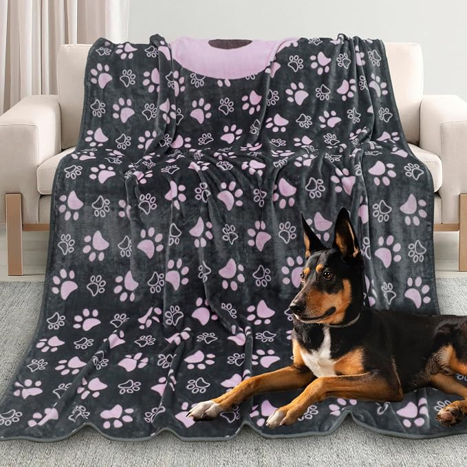 Dog Blankets for Large Dogs,Washable Pet Blanket, Soft Crate Bed with Paw Pattern for Kennel/Couch, Grey & Pink 80x60 Inch