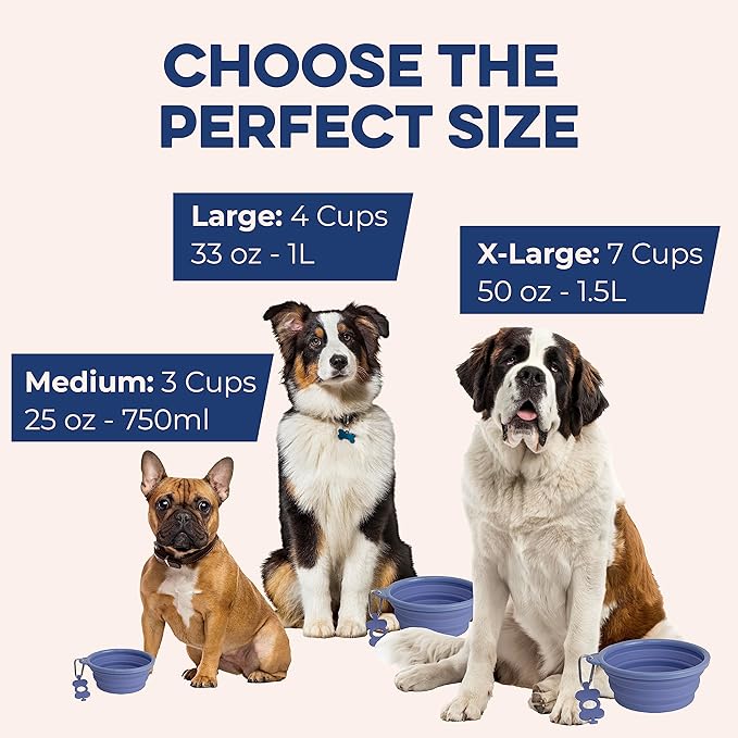 Bonza Collapsible Dog Bowls - Medium 25 oz, Dog Travel Accessories, Silicone Portable Dogs Bowl & Water Dish with Reinforced Rim & Carabiner for Hiking, Camping, and Car Trips, Periwinkle