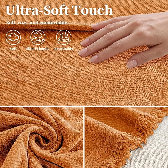 hyha Couch Cover for Dogs, Boho Sofa Covers for 3 Cushion Couch Washable, Chenille Sofa Slipcover for Pets, Soft Loveseat Sectional Couch Throw Blankets with Tassels (Orange, 71x118 Inch)
