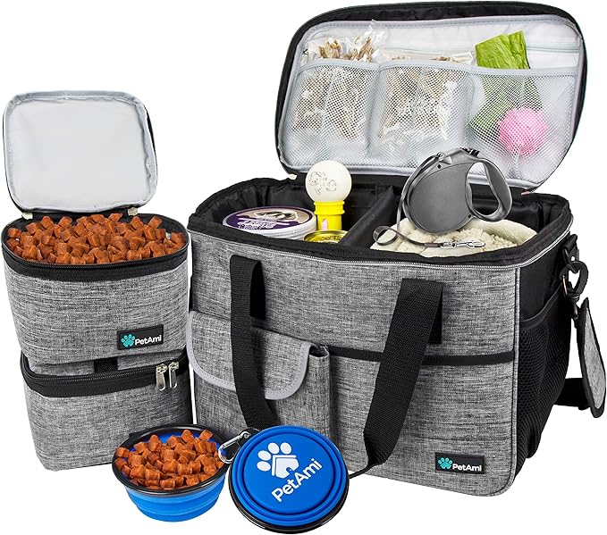 PetAmi Dog Travel Bag Organizer, Pet Travel Kit with 2 Food Containers & 2 Collapsible Dog Bowls, Pet Supplies Tote with Luggage Sleeve, Weekend Road Trip Camping Essentials, Gray, Medium