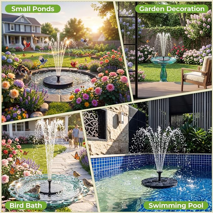 AISITIN Solar Bird Bath Fountain with 6 Nozzles, Solar Powered Floating Water Fountain Pump for Bird Bath, Pond, Pool, Garden, Fish Tank and Outdoor