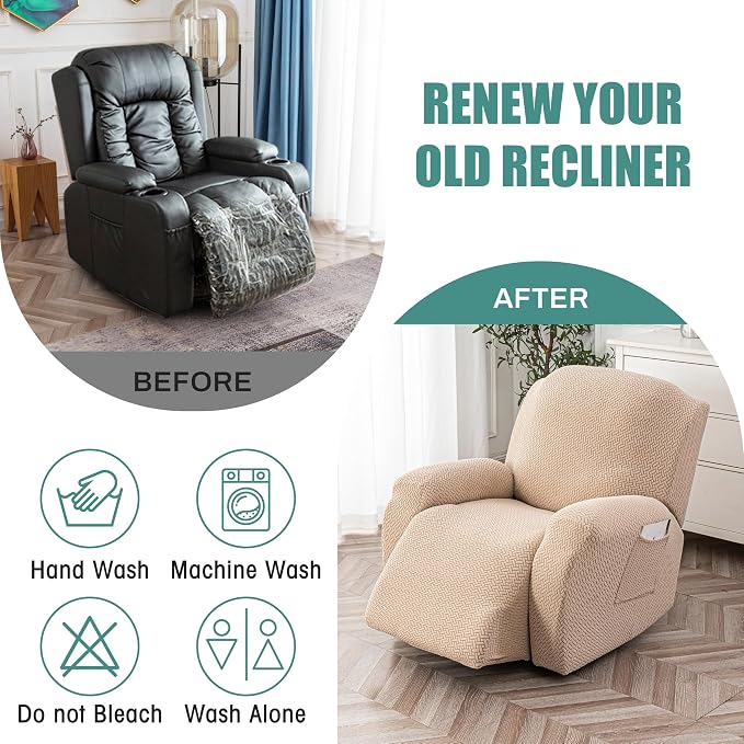Genina Recliner Chair Cover, Stretch Reclining Chair Covers, Recliner Sofa Slipcovers Stripe Jacquard Lazy Couch Covers Furniture Protector Covers for Pet Kid (Khaki, 1 Seat)
