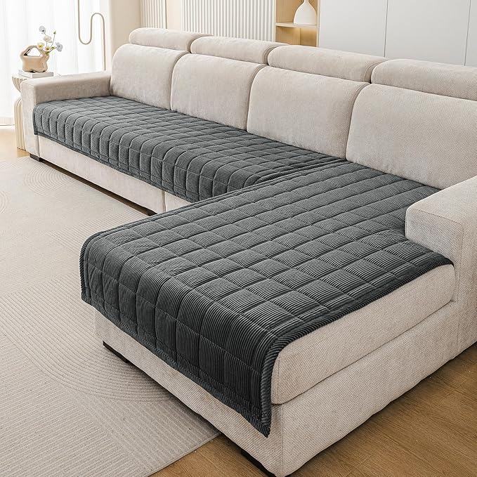 Velvet Couch Covers for Sectional Sofa Washable, Non-Slip L Shaped Sectional Couch Cover, Soft Pet Couch Covers for Sofa, Furniture Slipcovers for 3 Cushion Couch(1PC,35"x83",Dark Grey)