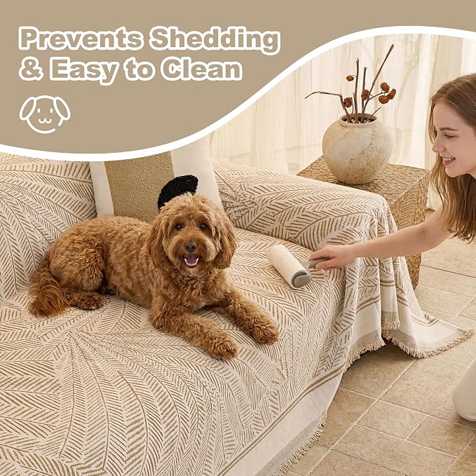 Couch Cover for Dogs Washable Sofa Cover, Sectional Couch Covers, Sofa Covers for 2 Cushion Couch, Non Slip Stripe Sofa Slipcovers Furniture Protector (Khaki, 71 * 134)
