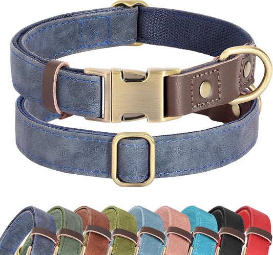 Didog Soft PU Leather Dog Collars for Medium Dogs,Classic Adjustable Dog Collars with Quick Release Metal Buckle,Easy Clean and Comfortable with Nylon Lining,Blue,M Neck 14-19"