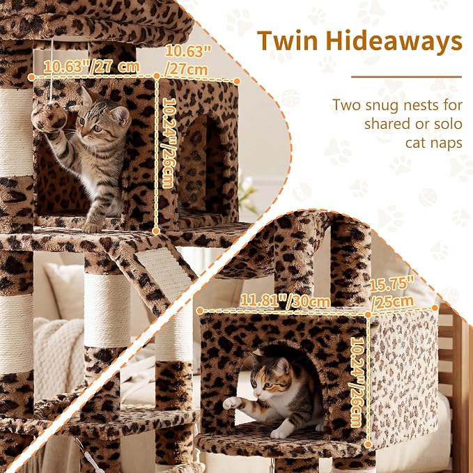 Heybly Cat Tree, 71-Inch-Tall Tower for Indoor Cats with 2 Perches, 2 Big Condos, 2 Hammocks, Basket, Scratching Pad, Large Cat Furniture and Condo, Leopard Print HCT034BW