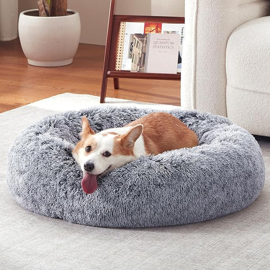 Donut Dog Bed Medium Size Dog 30 Inch, Round Cat Beds for Small Medium Dogs and Cats with Washable Fluffy Faux Fur, Cute Comfort Pet Bed with Anti-Slip Bottom, Grey