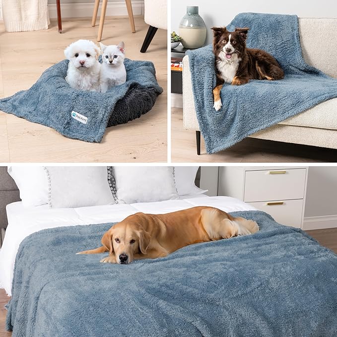 PetAmi Fluffy Waterproof Dog Blanket for Couch and Bed, Reversible Sherpa Pet Throw, Pee Proof Furniture Protector Sofa Cover, Washable Cat Blanket for Medium Large Dogs and Cats (Dusty Blue, 40x60)