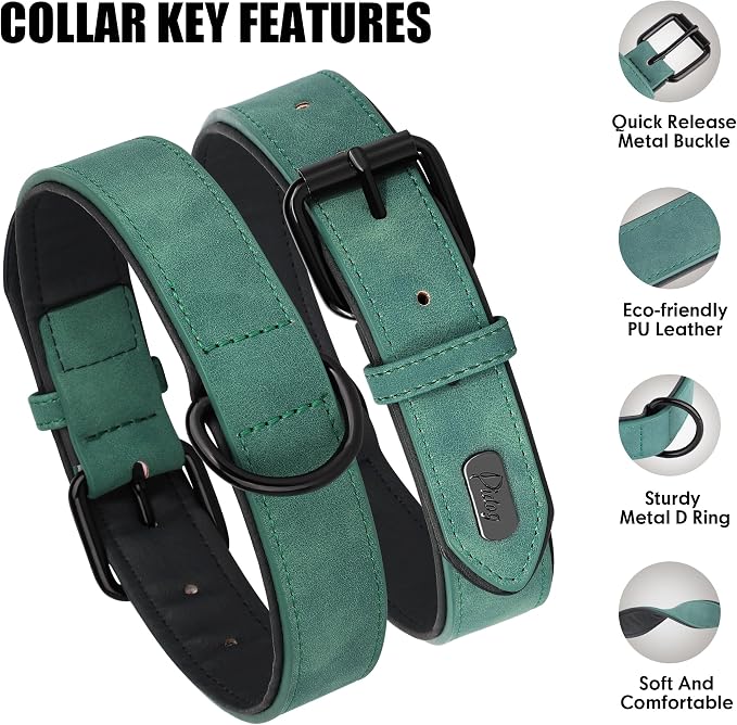 Didog Soft Padded PU Leather Dog Collar, Breathable and Adjustable Dog Collars for Medium Dogs, Comfortable for Daily Walk, Green, L Fit Neck 14-18"(22-44 lbs)