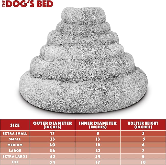 The Dog’s Bed Calming Donut Dog Bed, Plush Faux Fur Round Cuddler Nest – CertiPUR-Certified Foam, One-Piece Design, Raised Bolster – Medium (30"), Silver Grey