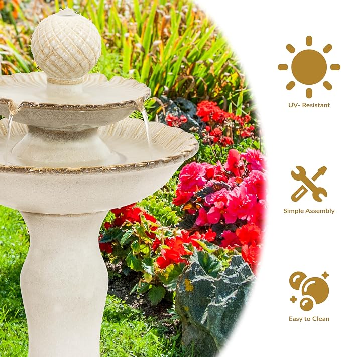Sunnydaze 27" H 2-Tier Ceramic Water Fountain - Outdoor Water Feature for Patio, Yard, Balcony - Garden Fountain - White