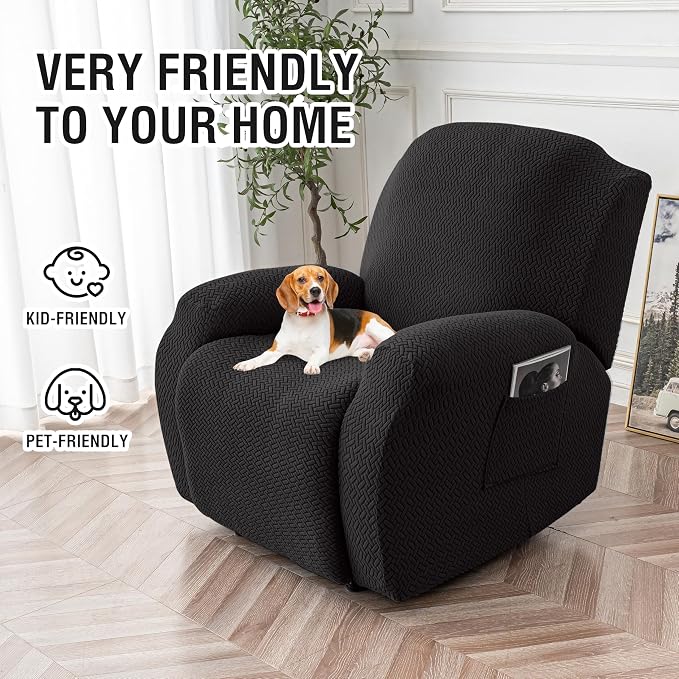 Genina Recliner Chair Cover, Stretch Reclining Chair Covers, Recliner Sofa Slipcovers Stripe Jacquard Lazy Couch Covers Furniture Protector Covers for Pet Kid (Black, 1 Seat)