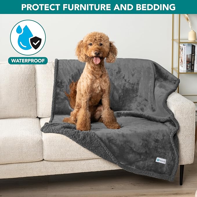 PetAmi Waterproof Dog Blanket for Couch, Large 60x40, Pee Proof Sherpa Fleece Reversible Pet Throw, Furniture Protector for Bed Sofa Kennel, Soft Washable Cover for Medium Dogs Cats, Grey Sherpa