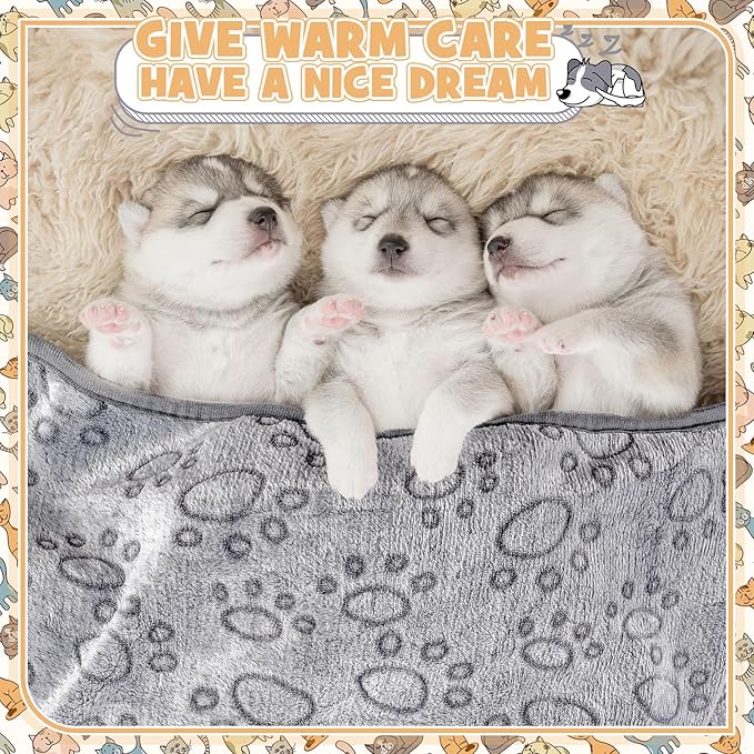 Tegeme 12 Pcs Pet Blankets 30 x 20 Inch Soft Fluffy Fleece Dog Cat Warm Paw Print Pattern Blankets Flannel Throw for Pets Dog Puppy Cat(Gray)