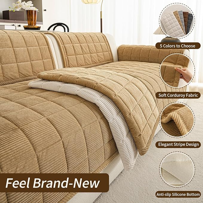 Velvet Couch Covers for Sectional Sofa Washable, Non-Slip L Shaped Sectional Couch Cover, Soft Pet Couch Covers for Sofa, Furniture Slipcovers for 2-3 Cushion Couch(1PC,35"x71",Light Brown)