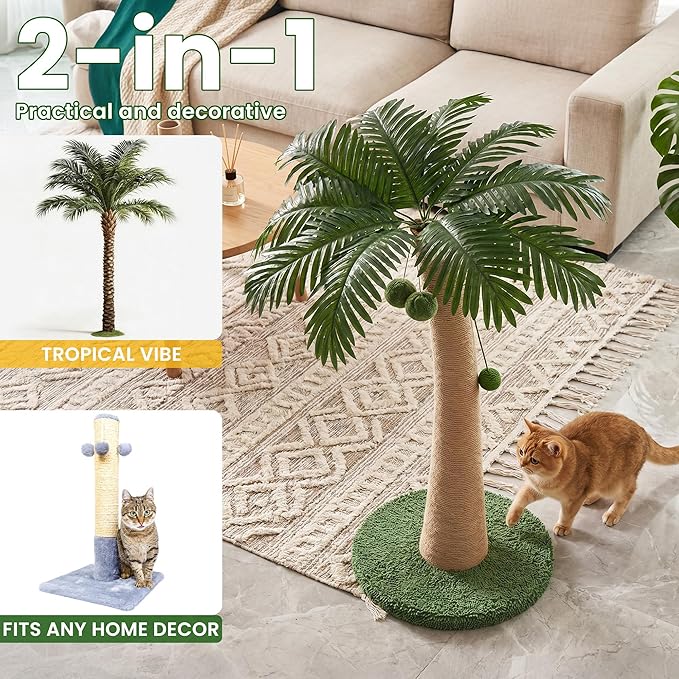 43 Inch Tall Cat Scratching Post for Indoor Large Cats, Natural Sisal Scratch Post with Hanging Toys, Stable Base Cat Scratcher for Kittens & Adult Cats, Tropical Cat Tree Furniture