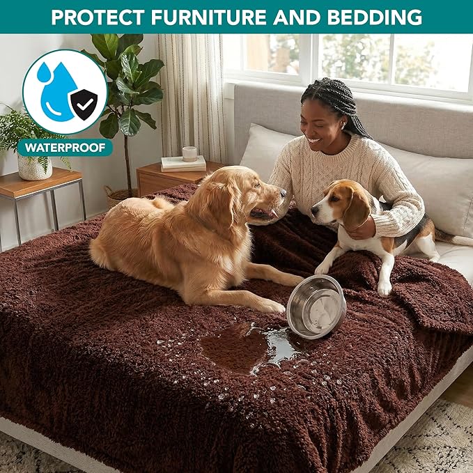 PetAmi Fluffy Waterproof Dog Blanket for Couch and Bed, Reversible Sherpa Pet Throw, Pee Proof Furniture Protector Sofa Cover, Washable Cat Blanket for Medium Large Dogs and Cats (Brown, 60x80)