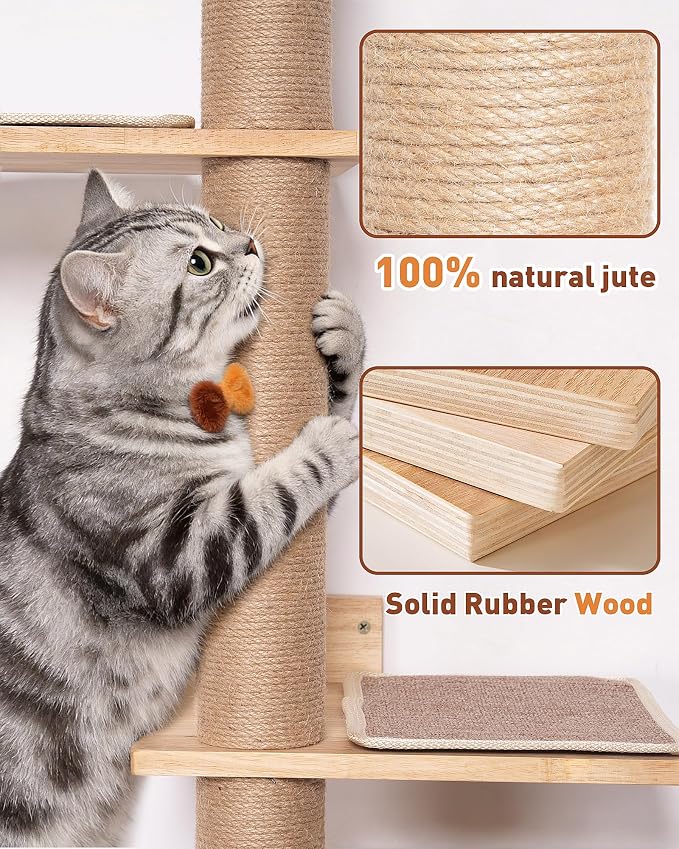 80.3" Tall Cat Tree for Wall, 5 Tier Floor to Ceiling Cat Tree, Adjustable Wall Mounted Cat Tree with 15.7" Top Perch Bed for Large Adult Cats