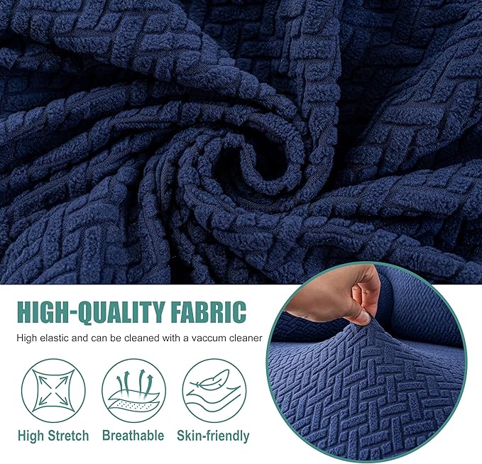 Genina Recliner Loveseat Covers with Console, Stretch Reclining Sofa Covers, 2 Seater Couch Cushion Stripe Jacquard Recliner Slipcovers - Furniture Protector Covers for Pet Kid (Navy Blue)