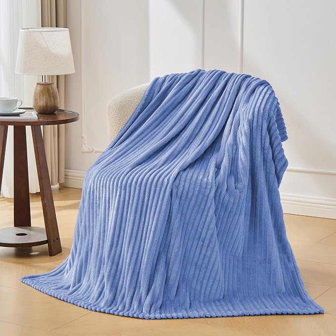 Bnuitland Fleece Throw Blanket for Couch, 300GSM Soft Warm Cozy Fluffy Throw for Adults & Kids, Stripe Pattern, All Season Sofa Bed Blanket for Home Decor, Sky Blue 50"x60"