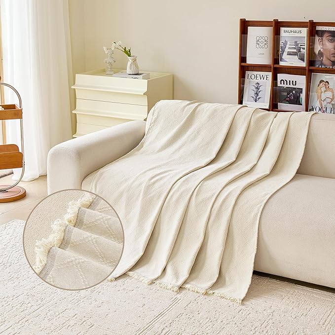 VANJOROY Beige Oversized Couch Sofa Cover for 3-4 Cushion Sectional Sofa L-Shape -Washable Chenille Couch Cover for Dogs Pets, Boho Couch Cover Protector Soft Sofa Slipcovers with Tassel,91"x 150"