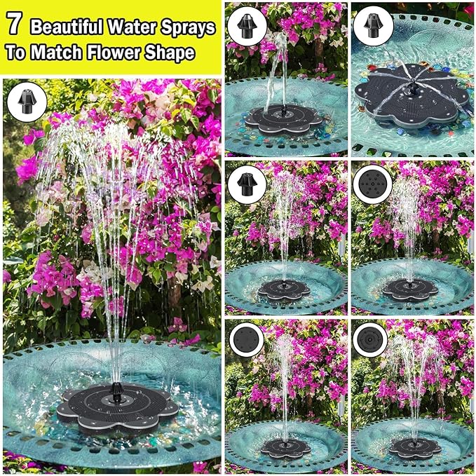 SZMP Flower Shape 3.5W Solar Powered Water Fountain with 2000mAh Battery & Colorful RGB Light Show, Anti-Drift Fixer & 7 Nozzles, Solar Fountain for Bird Bath, Garden Decor