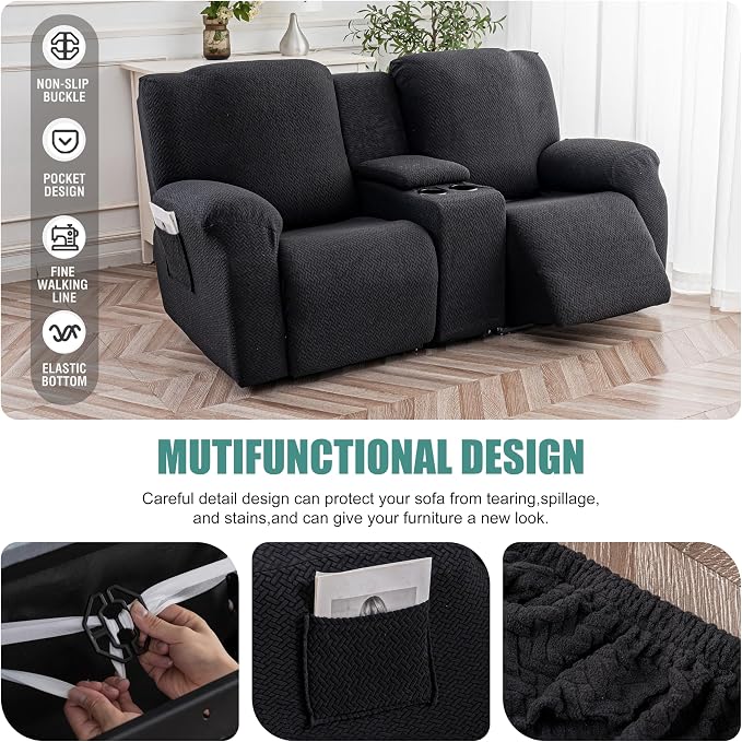 Genina Recliner Loveseat Covers with Console, Stretch Reclining Sofa Covers, 2 Seater Couch Cushion Stripe Jacquard Recliner Slipcovers - Furniture Protector Covers for Pet(Black)