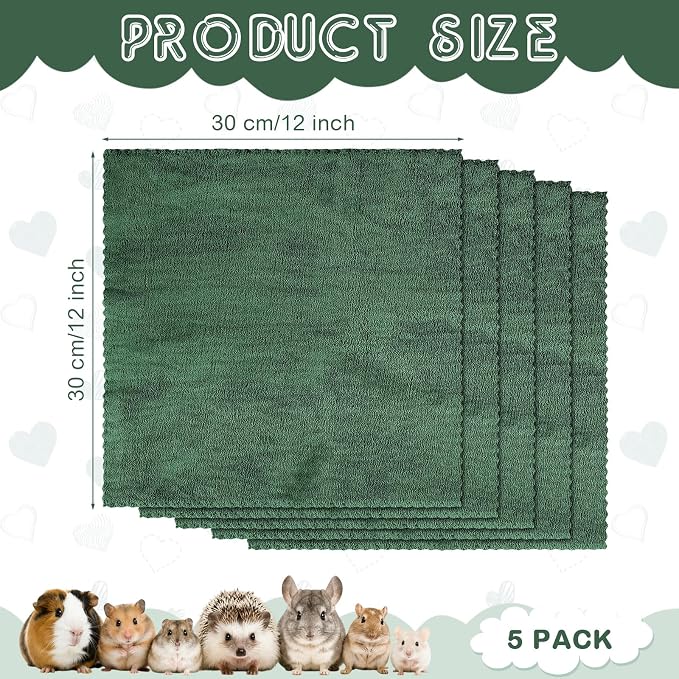 SmoothNovelty 5 Pcs Waterproof Guinea Pig Blankets Washable Small Animal Pee Pad Pet Blanket Sleep Bedding Mats Absorbent Guinea Pig Cage Liner Reusable Pet Sleep Pad(Dark Green,12" X 12",Classic)