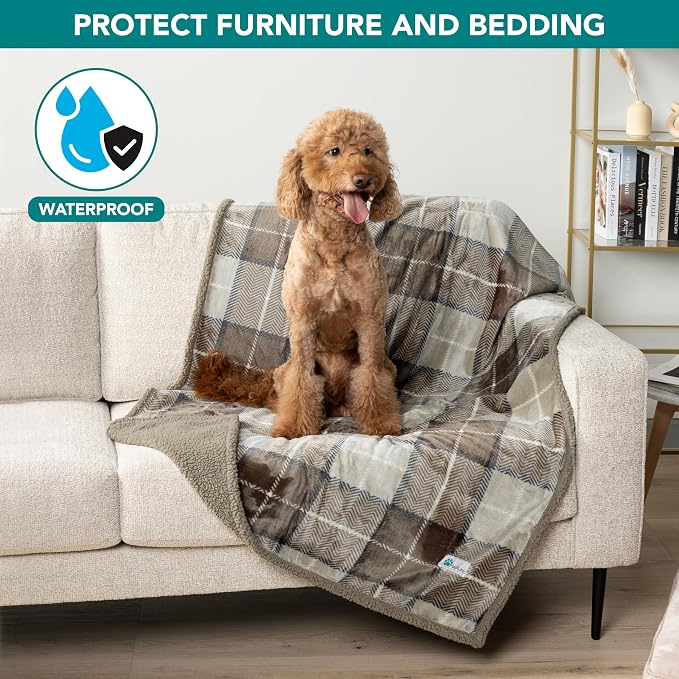 PetAmi Waterproof Dog Blanket for Couch, Extra Large 80x60, Pee Proof Sherpa Fleece Reversible Pet Throw, Furniture Protector for Bed Sofa Crate Kennel, Soft Washable Cover for Dogs, Plaid Taupe