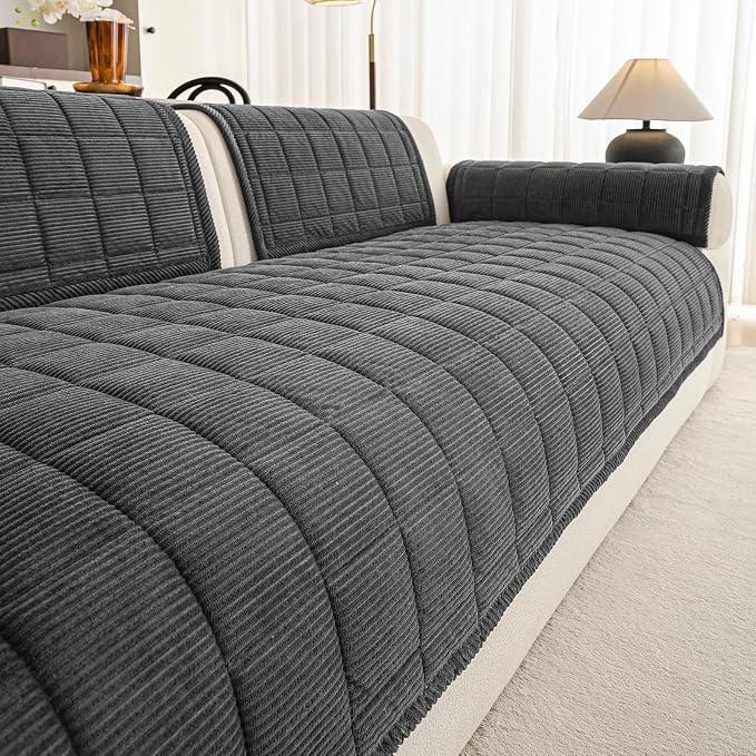 Velvet Couch Covers for Sectional Sofa Washable, Non-Slip L Shaped Sectional Couch Cover, Soft Pet Couch Covers for Sofa, Furniture Slipcovers for 3 Cushion Couch(1PC,35"x83",Dark Grey)