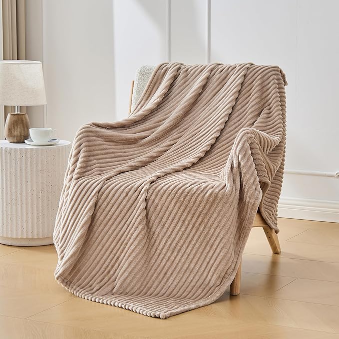 Bnuitland Fleece Throw Blanket, 300GSM Soft Warm Cozy Fluffy Throw for Babys & Pets, Stripe Pattern, All Season Sofa Bed Blanket for Home Decor, Light Camel 50"x40"