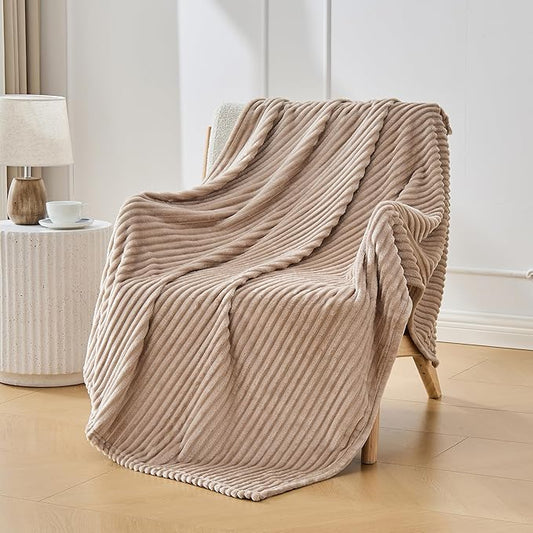 Bnuitland Fleece Throw Blanket, 300GSM Soft Warm Cozy Fluffy Throw for Babys & Pets, Stripe Pattern, All Season Sofa Bed Blanket for Home Decor, Light Camel 50"x40"