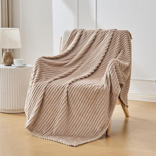 Bnuitland Fleece Throw Blanket, 300GSM Soft Warm Cozy Fluffy Throw for Babys & Pets, Stripe Pattern, All Season Sofa Bed Blanket for Home Decor, Light Camel 50"x70"