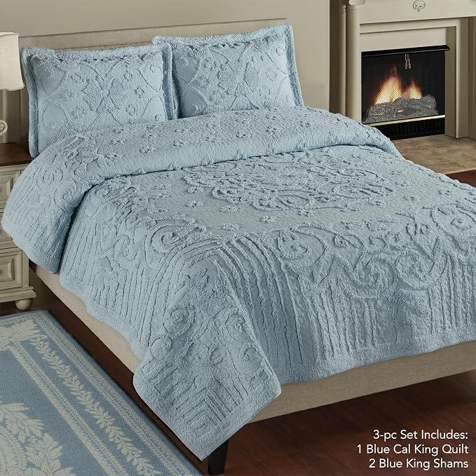 Lorenza Pure Cotton Chenille Bedding | Calming Cool Blue | Soft Tufted Scrollwork and Floral Designs | Solid Color 3-Piece Quilted Bed Set includes Oversized California King Quilt and 2 King Shams