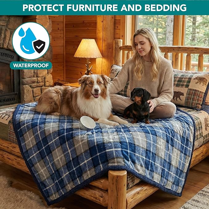 PetAmi Waterproof Dog Blanket for Couch, Extra Large 80x60, Pee Proof Sherpa Fleece Reversible Pet Throw, Furniture Protector for Bed Sofa Crate Kennel, Soft Washable Cover for Dogs, Plaid Blue