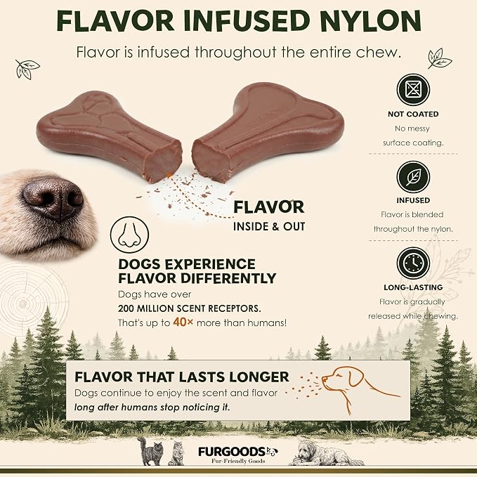 FURBONE Dog Bone Chew Toy for Aggressive Chewers, Beef Flavor Infused Nylon Chew Bone for Small & Medium Dogs, Long Lasting Enrichment Toy