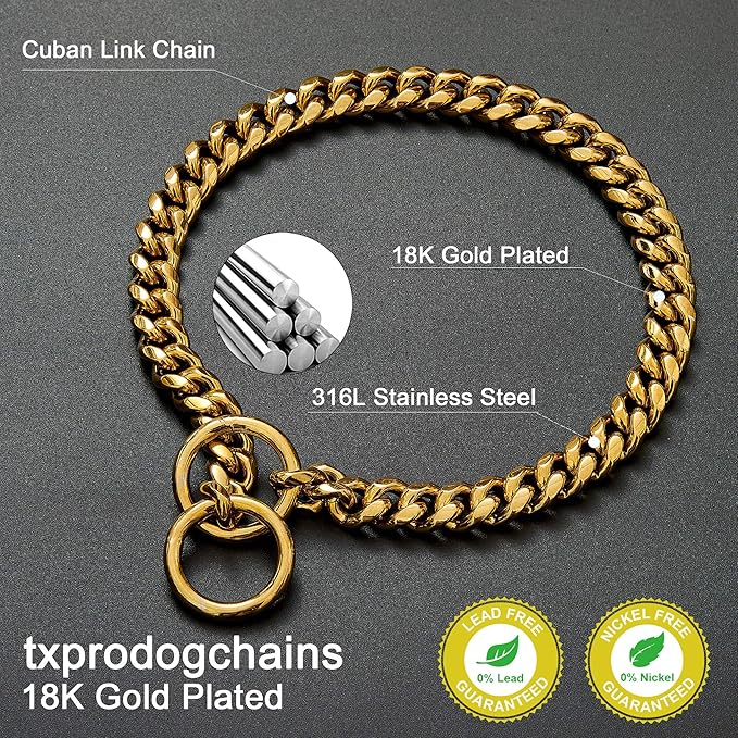 txprodogchains 18K Gold Chain Dog Collar 10MM Cuban Link Chain Stainless Steel Metal Links Walking Training Collar for Small Medium Large Dogs 10in to 24in