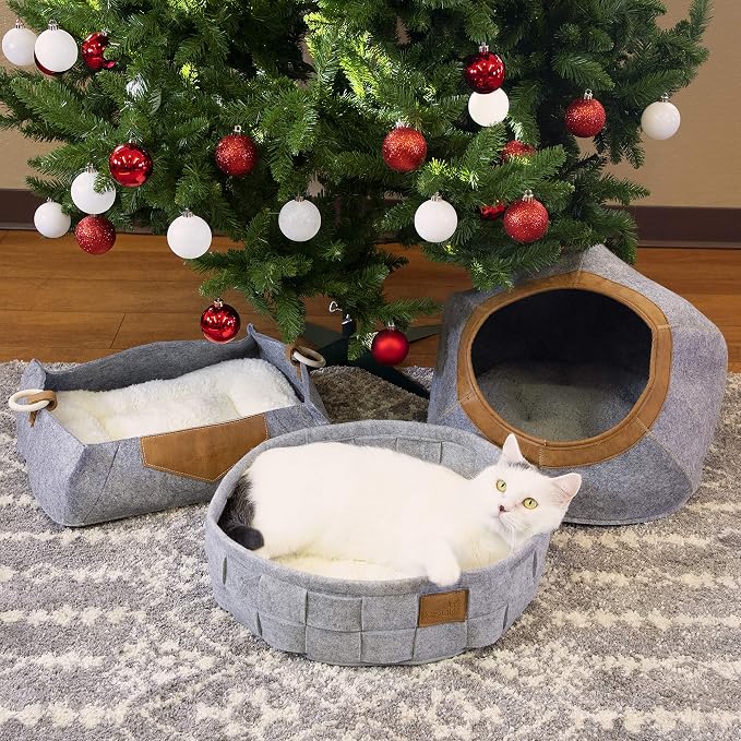 Kitty City Felt Lounge Sleeper Bed for Cats, Warm and Cozy Cat Bed with Machine Washable Cushion, Felt Construction with Faux Leather Details and Wood Handles, Gray, 15"D x 18"W x 7"H (CM-10068-CS01)