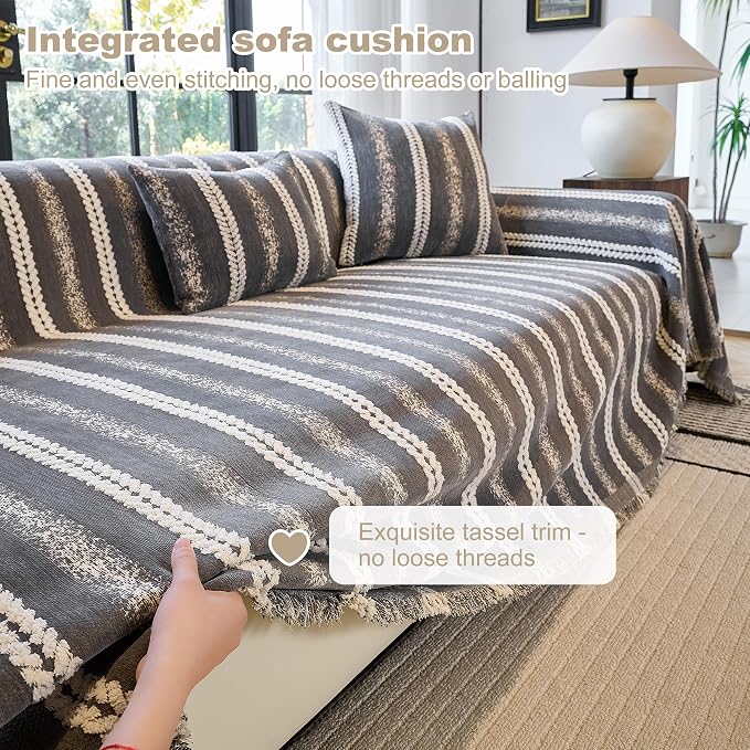 Couch Cover for Dogs Washable Sofa Cover, Sectional Couch Covers, Sofa Covers for 2 Cushion Couch, Non Slip Stripe Sofa Slipcovers Furniture Protector (Dark Gray, 75 * 118)