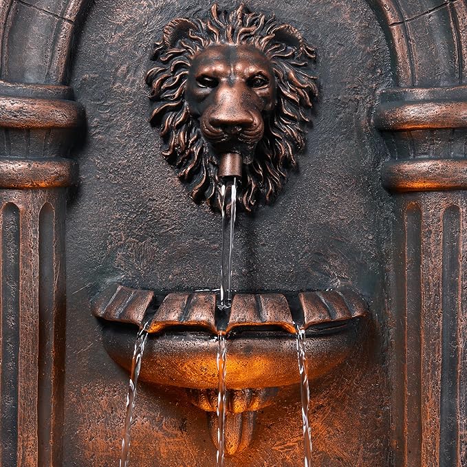 Teamson Home 32.1 in. Wall-Mounted Lion Head Stone LED Outdoor Water Fountain for Gardens, Landscaping, Patios, Balconies, Lawns to Create a Calming Oasis in Outdoor Living Spaces, Antique Bronze