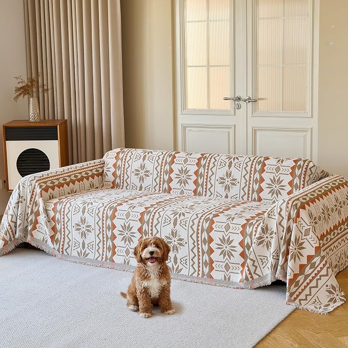Couch Cover for Dogs Washable Sofa Cover, Sectional Couch Covers, Sofa Covers for 2 Cushion Couch, Non Slip Stripe Sofa Slipcovers Furniture Protector (Khaki Orange,91 * 118)