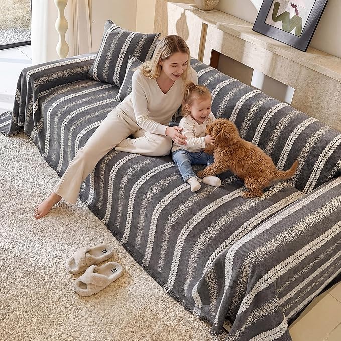Couch Cover for Dogs Washable Sofa Cover, Sectional Couch Covers, Sofa Covers for 2 Cushion Couch, Non Slip Stripe Sofa Slipcovers Furniture Protector (Dark Gray, 75 * 102)