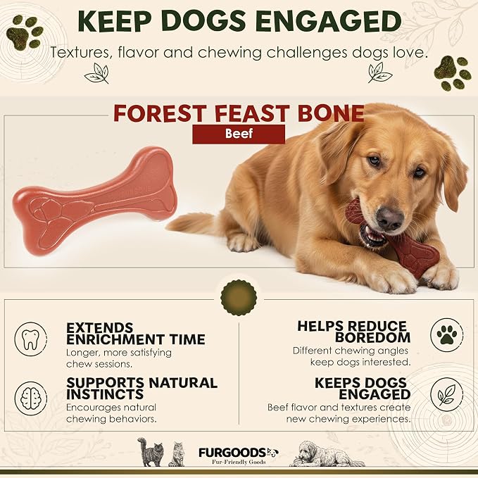 FURBONE Dog Bone Chew Toy for Aggressive Chewers, Beef Flavor Infused Nylon Chew Bone for Small & Medium Dogs, Long Lasting Enrichment Toy