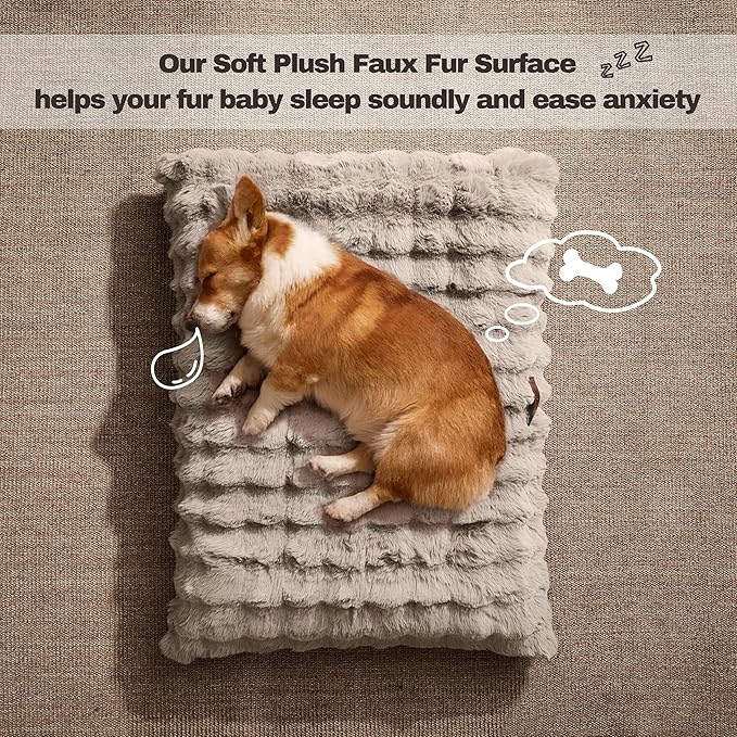 WDCOZY Fluffy Dog Crate Beds for Large Dog, Plush Faux Fur Kennel Pad with Removal Washable Cover, Soft Pet Mat for Sleeping & Ease Anxiety, Anti-Slip Bottom for Pet Up, 36"x23", Beige