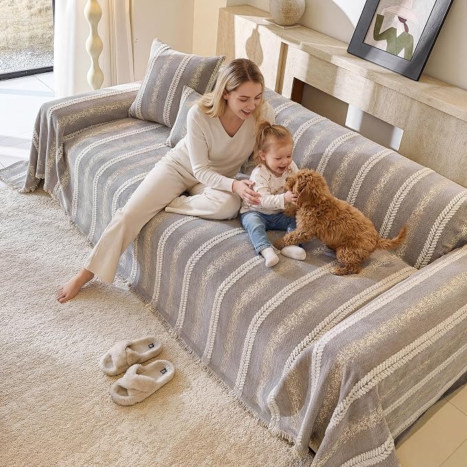 Couch Cover for Dogs Washable Sofa Cover, Sectional Couch Covers, Sofa Covers for 2 Cushion Couch, Non Slip Stripe Sofa Slipcovers Furniture Protector (Light Gray, 71 * 150)