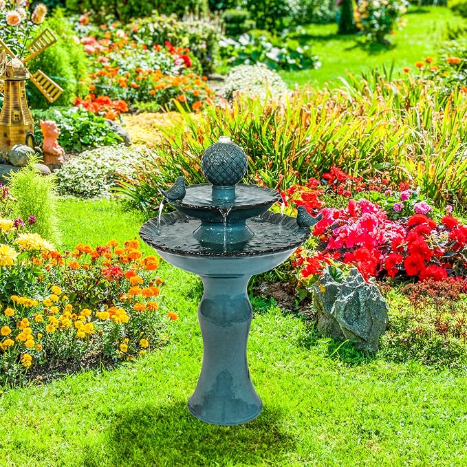 Sunnydaze 27" H 2-Tier Ceramic Water Fountain - Outdoor Water Feature for Patio, Yard, Balcony - Garden Fountain - Blue